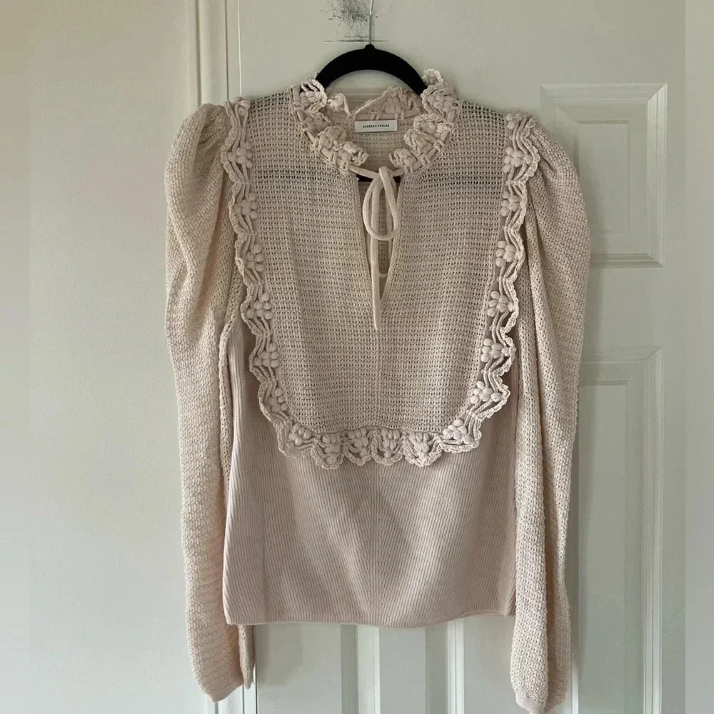 EUC Rebecca Taylor Crochet Stitch Wool Blend Sweater Long Sleeve Nude Pink Large - Picture 6 of 11